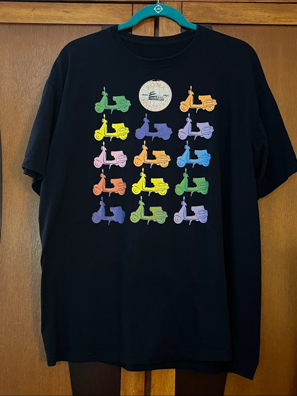 #39 Roma Navy Tee w/Multicolor Vespa Grid & Colosseum White Graphic (some peels)